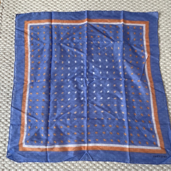 Valentino Garavani Polka Dot 100% Cotton Scarf Italy 26.5 sq inch Blue Orange - Picture 1 of 6